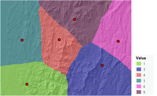 Distance allocation map identifying for each cell the cheapest source Distance allocation map identifying for each cell the cheapest source